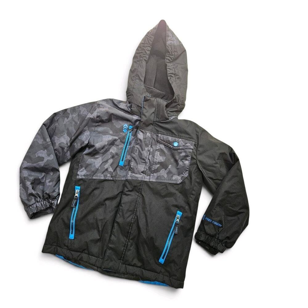 Free Country Hooded Full Zip Fleece Lined Camo Jacket Black/Gray/Blue Kids S